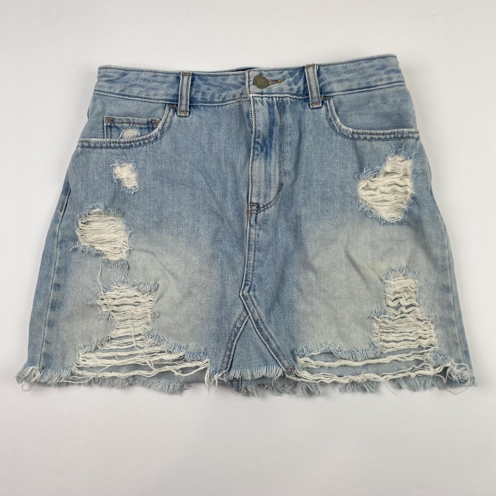 Hollister High Rise Denim Skirt Juniors 5 (26 Waist) Blue Distressed Raw Hem